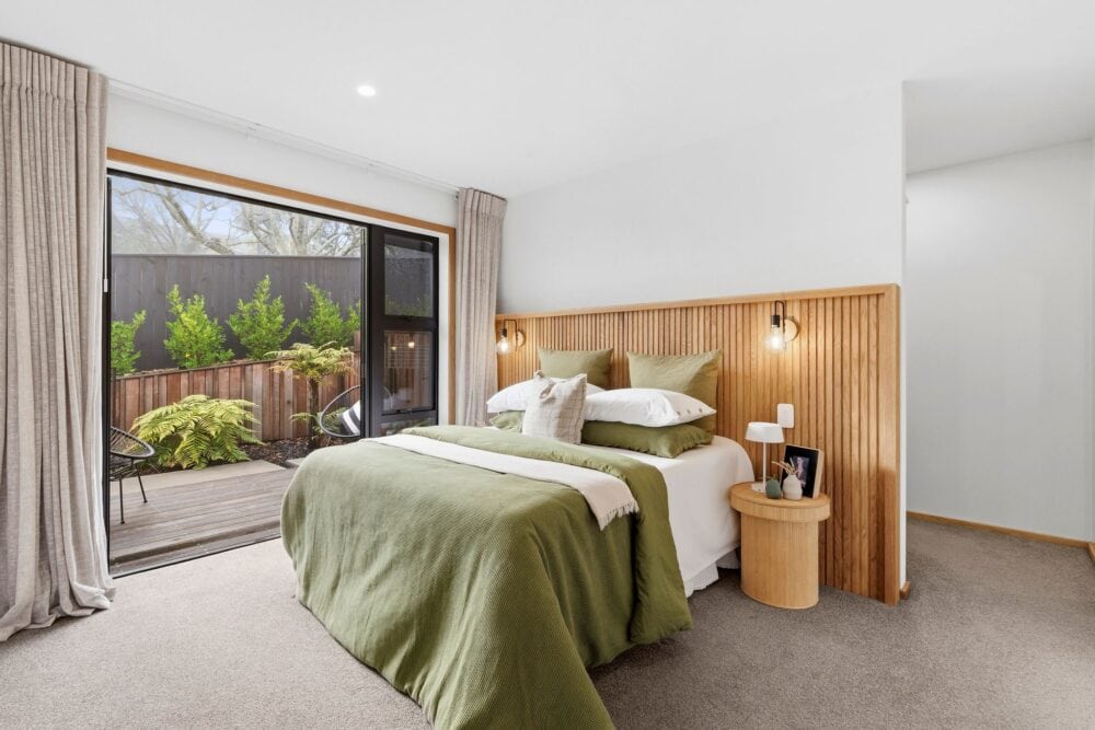 Light-filled master bedroom in a contemporary custom-built home in Richmond, Nelson